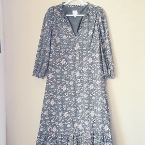The Nines by Hatch Olive with Pink Flowers Midi Maternity Dress Size M